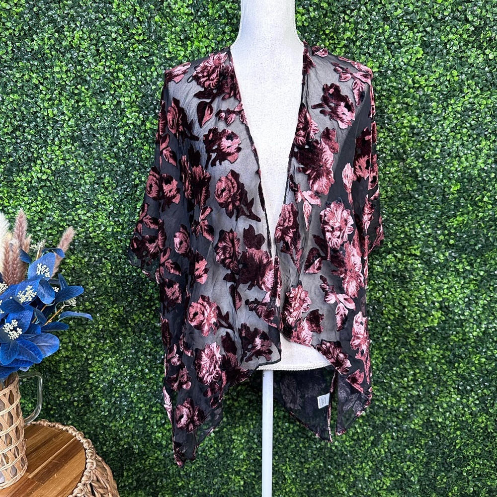 Nwt Sheer black with velvet burn out floral open front kimono nwt